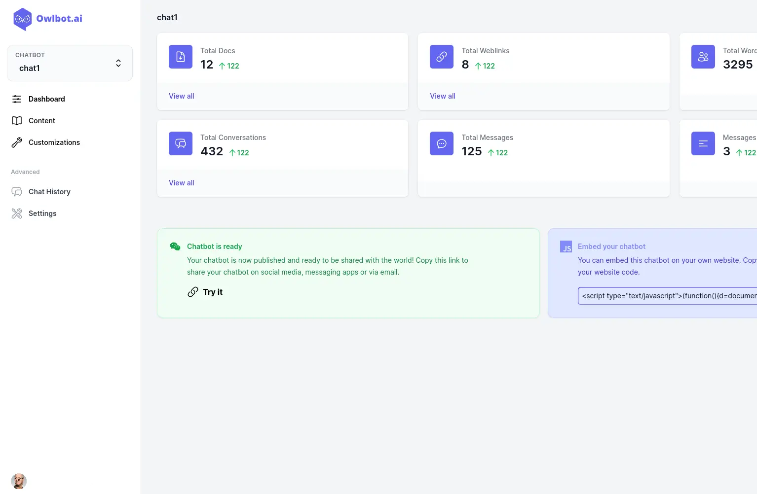 Owlbot dashboard — real-time analytics on every conversation